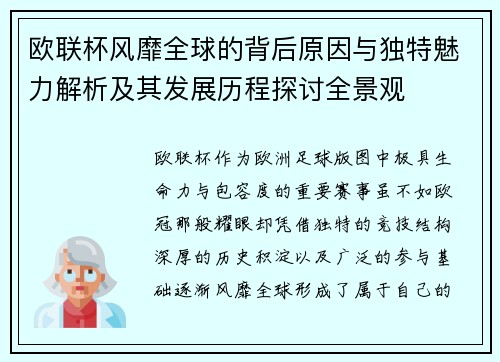 欧联杯风靡全球的背后原因与独特魅力解析及其发展历程探讨全景观