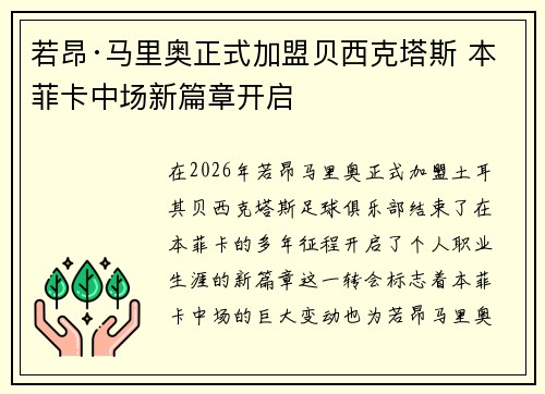 若昂·马里奥正式加盟贝西克塔斯 本菲卡中场新篇章开启